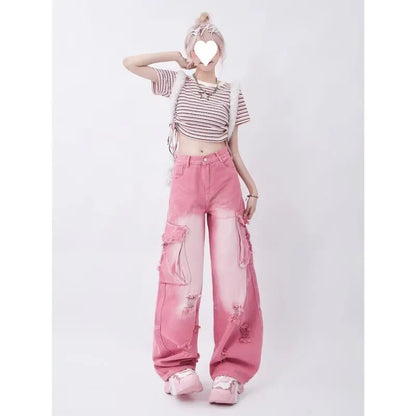 Distressed Pink Cargo Jeans - Little Addiction