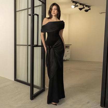 Elegant Black Satin Off-Shoulder Maxi Dress Little Addiction