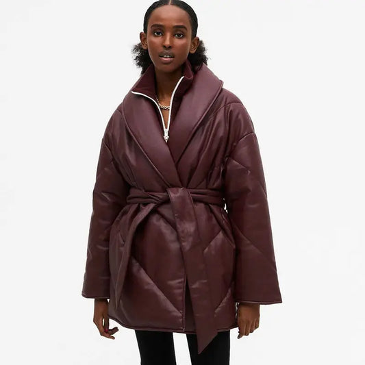 Brown Faux Leather Belted Puffer Jacket - Little Addiction