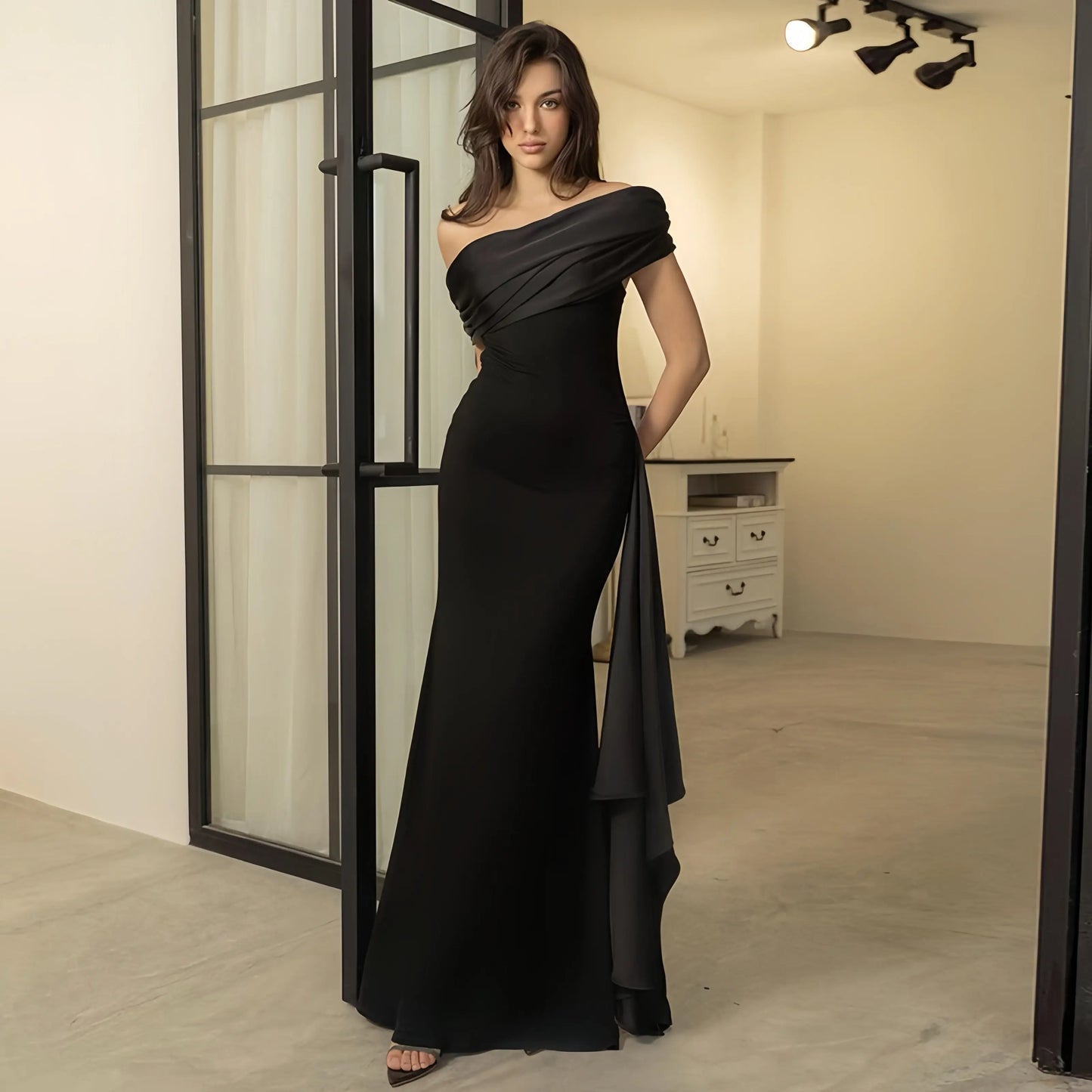 Elegant Black Satin Off-Shoulder Maxi Dress Little Addiction