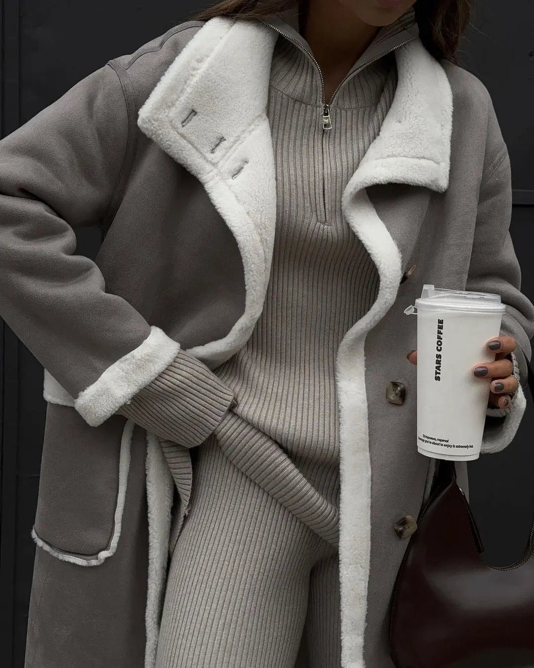 Longline Shearling Trim Coat – Cosy Loose Fit Winter Jacket in Grey Little Addiction