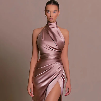 Satin Halter Neck Evening Gown Little Addiction