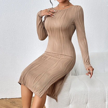 Caramel Ribbed Long Sleeve Midi Dress - Little Addiction