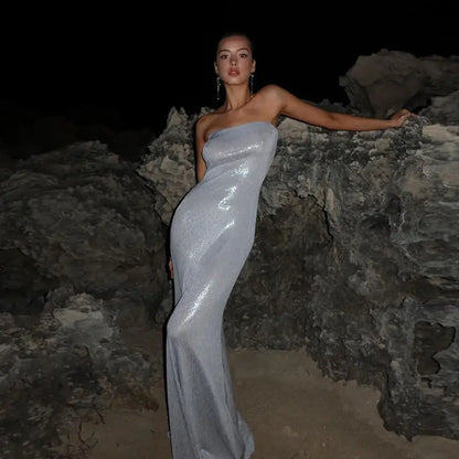 Silver Metallic Strapless Maxi Dress - Little Addiction