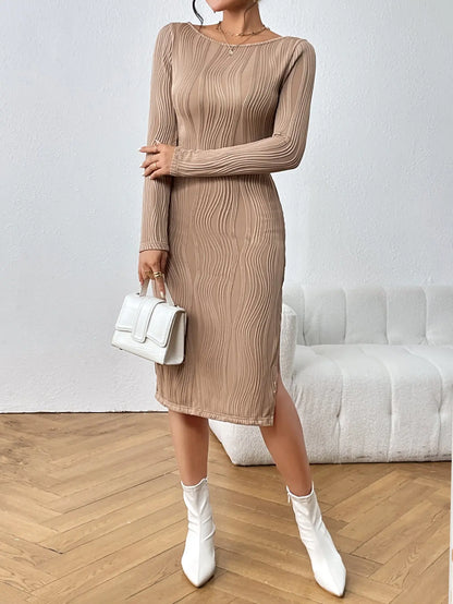 Caramel Ribbed Long Sleeve Midi Dress - Little Addiction