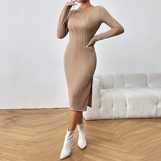 Caramel Ribbed Long Sleeve Midi Dress - Little Addiction