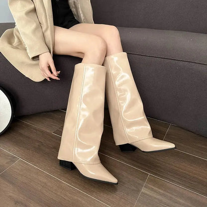 Knee High Heels Women Boots Leather Chunky Fashion Shoes Pointed Toe Snow Long Boots New Designer Pumps Punk Chelsea Botas Mujer Little Addiction