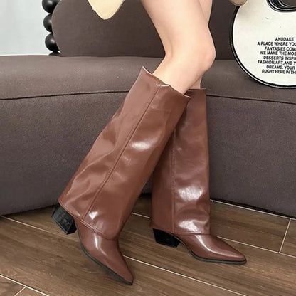 Knee High Heels Women Boots Leather Chunky Fashion Shoes Pointed Toe Snow Long Boots New Designer Pumps Punk Chelsea Botas Mujer Little Addiction