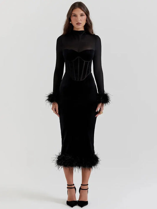 Luxe Black Feathered Midi Dress Little Addiction