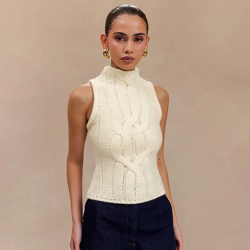 Knitted High Neck Sleeveless Sweater Little Addiction