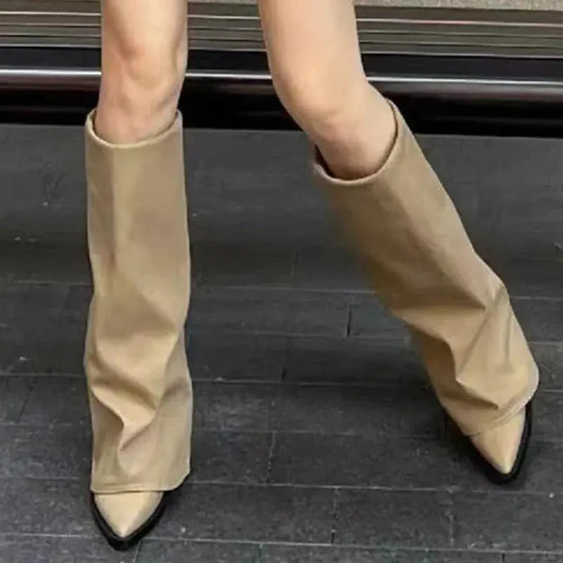 Knee High Heels Women Boots Leather Chunky Fashion Shoes Pointed Toe Snow Long Boots New Designer Pumps Punk Chelsea Botas Mujer Little Addiction