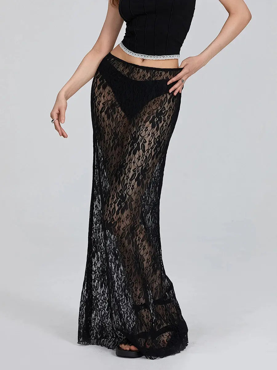 See-Through Lace Floral Sheer Wrap Skirts Little Addiction