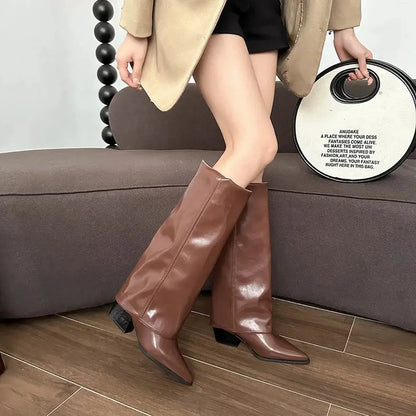 Knee High Heels Women Boots Leather Chunky Fashion Shoes Pointed Toe Snow Long Boots New Designer Pumps Punk Chelsea Botas Mujer Little Addiction