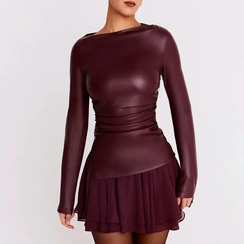 Ruched Faux Leather Long Sleeve Top Little Addiction