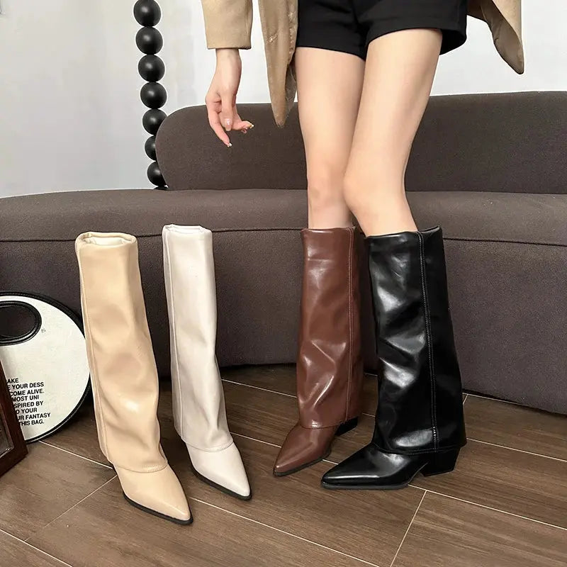 Knee High Heels Women Boots Leather Chunky Fashion Shoes Pointed Toe Snow Long Boots New Designer Pumps Punk Chelsea Botas Mujer Little Addiction