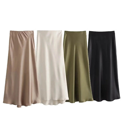 Long Elastic High Waisted A-Line Satin Skirts Little Addiction