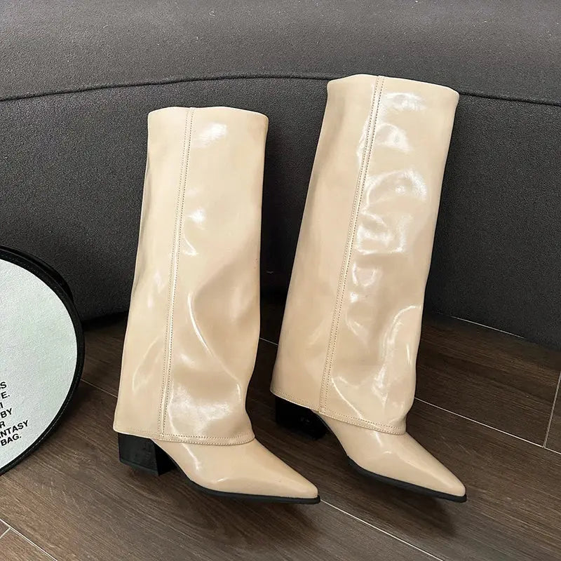 Knee High Heels Women Boots Leather Chunky Fashion Shoes Pointed Toe Snow Long Boots New Designer Pumps Punk Chelsea Botas Mujer Little Addiction