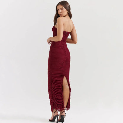 Burgundy Ruched Strapless Bodycon Dress - Little Addiction