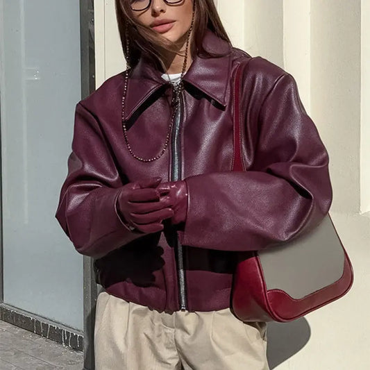 Burgundy Faux Leather Jacket Little Addiction