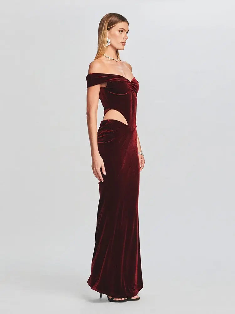 Off-Shoulder Velvet Cut-Out Gown - Little Addiction