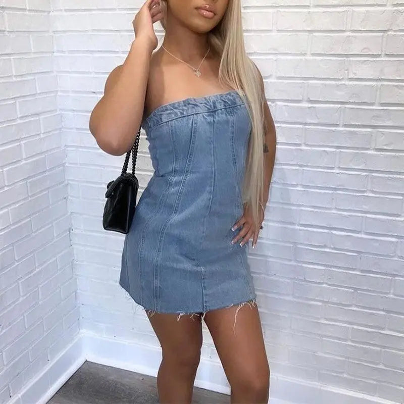 Fashion Backless Tube Denim Dress Summer Sexy Slim Short Dresses For Women Clothing - Little Addiction