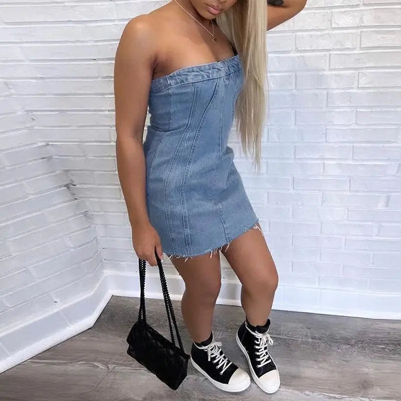 Fashion Backless Tube Denim Dress Summer Sexy Slim Short Dresses For Women Clothing - Little Addiction