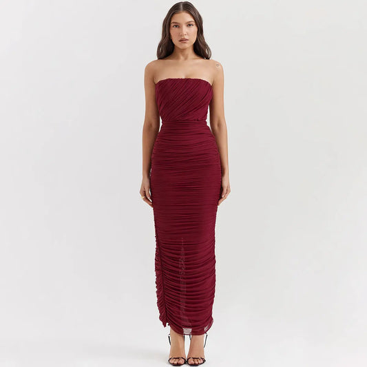 Burgundy Ruched Strapless Bodycon Dress - Little Addiction