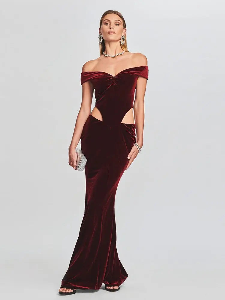 Off-Shoulder Velvet Cut-Out Gown - Little Addiction