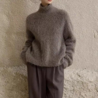 Gray Mohair Turtleneck Sweater For Women - Little Addiction