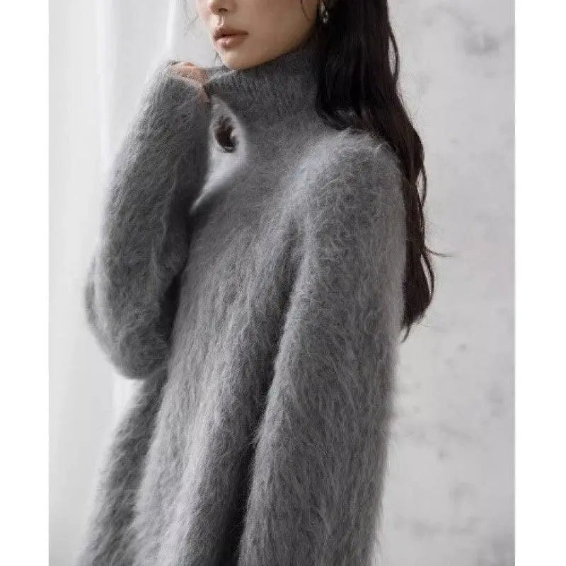 Gray Mohair Turtleneck Sweater For Women - Little Addiction