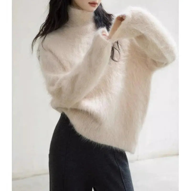 Gray Mohair Turtleneck Sweater For Women - Little Addiction