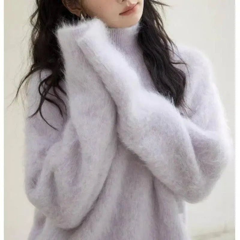 Gray Mohair Turtleneck Sweater For Women - Little Addiction