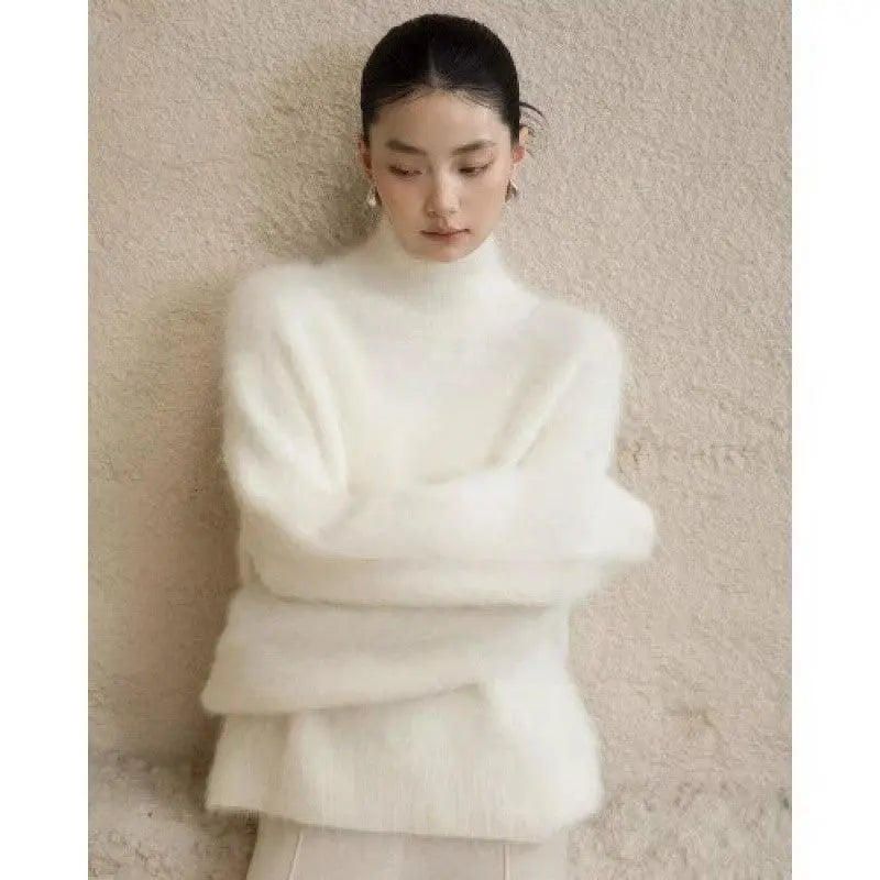 Gray Mohair Turtleneck Sweater For Women - Little Addiction