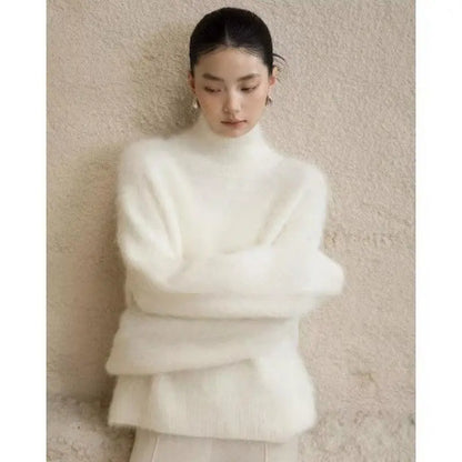 Gray Mohair Turtleneck Sweater For Women - Little Addiction