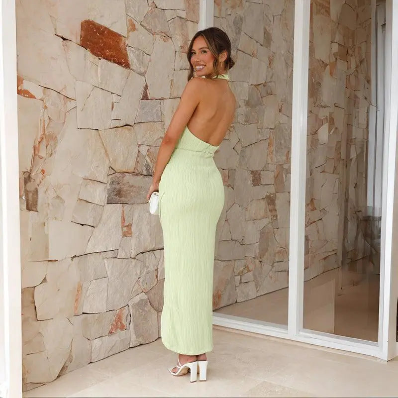 Halter Split Long Dress Summer Slim Fit Backless Dresses Solid High-end Women's Clothing - Little Addiction