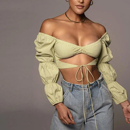 Hollow Puff Sleeve Square Neck Top - Little Addiction