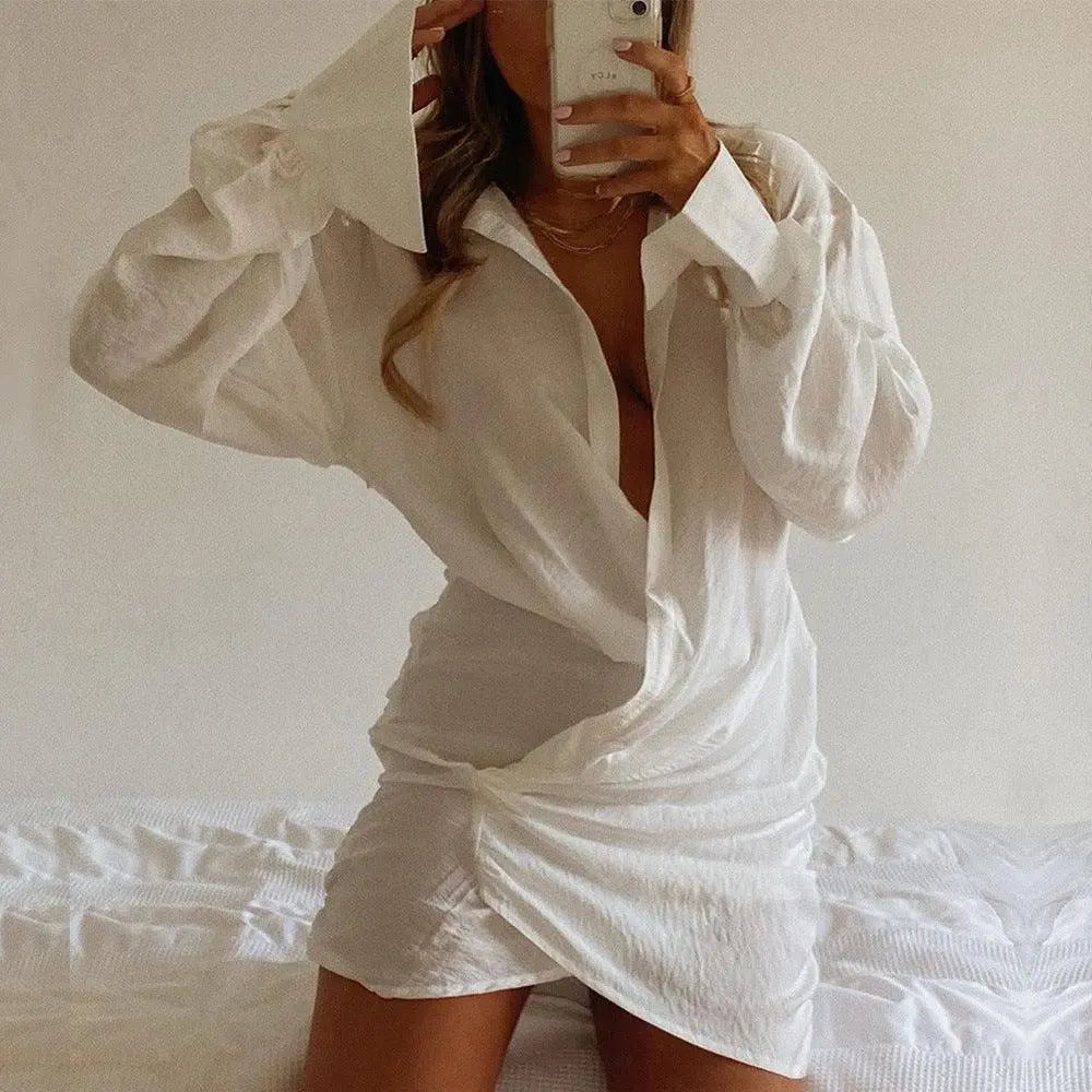 Long-Sleeved V-Neck Linen Short Shirt Dress - Little Addiction