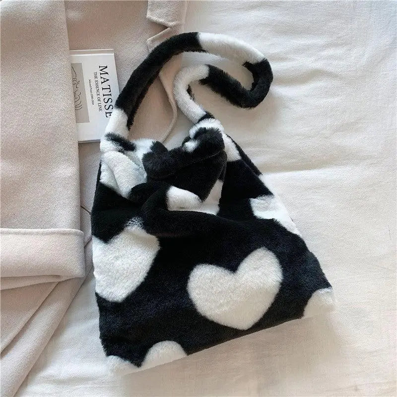 Love Heart Shoulder Bags Winter Plush Shopping Bags For Women - Little Addiction