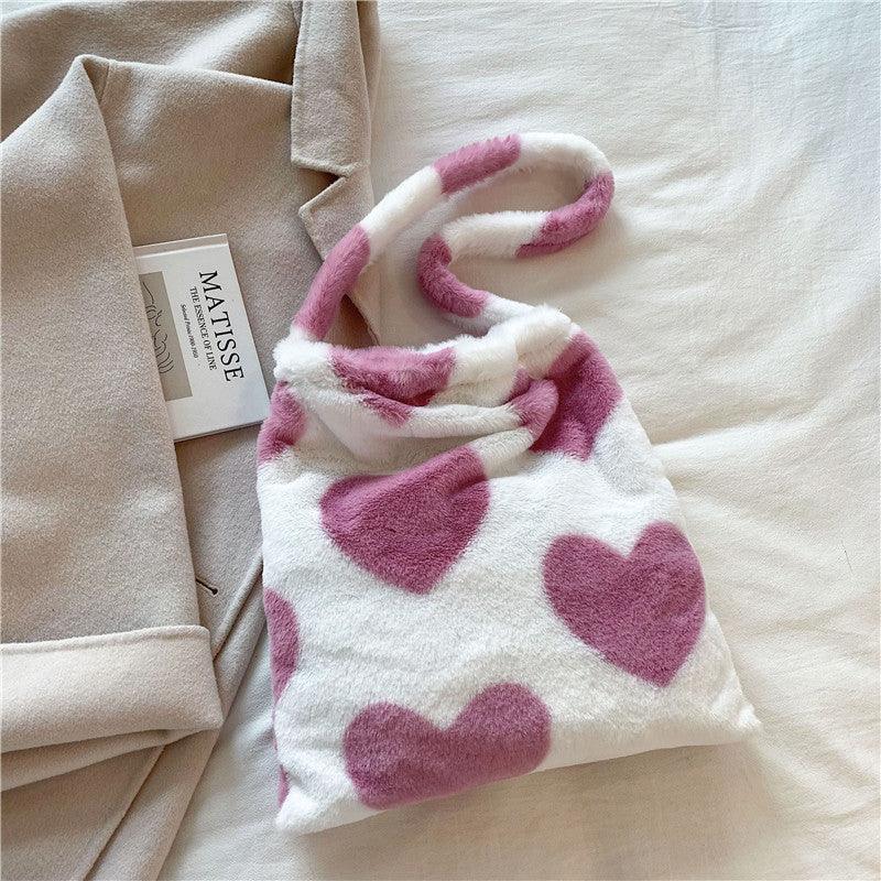 Love Heart Shoulder Bags Winter Plush Shopping Bags For Women - Little Addiction