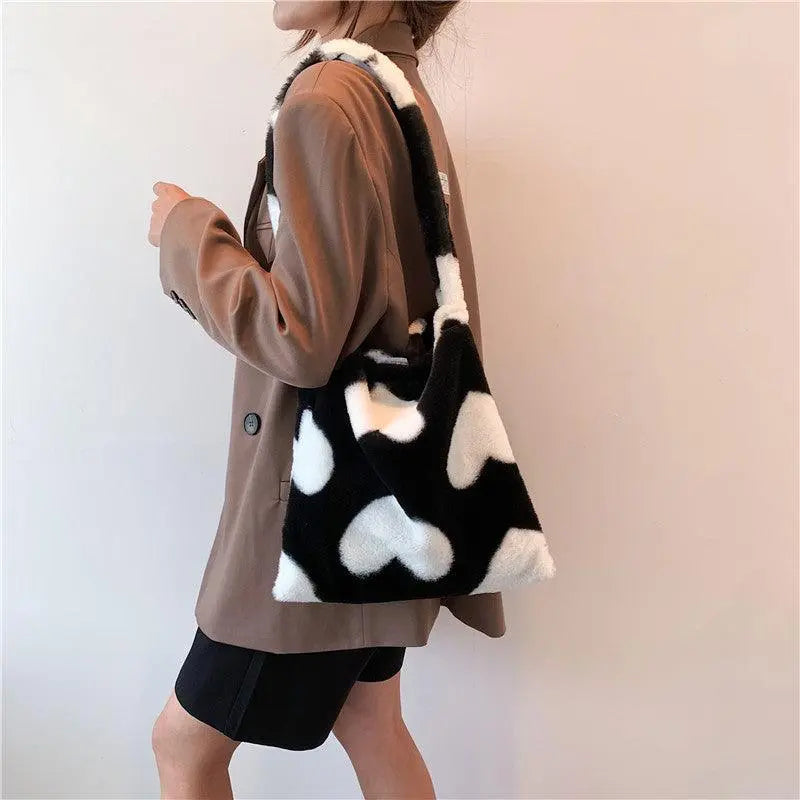 Love Heart Shoulder Bags Winter Plush Shopping Bags For Women - Little Addiction