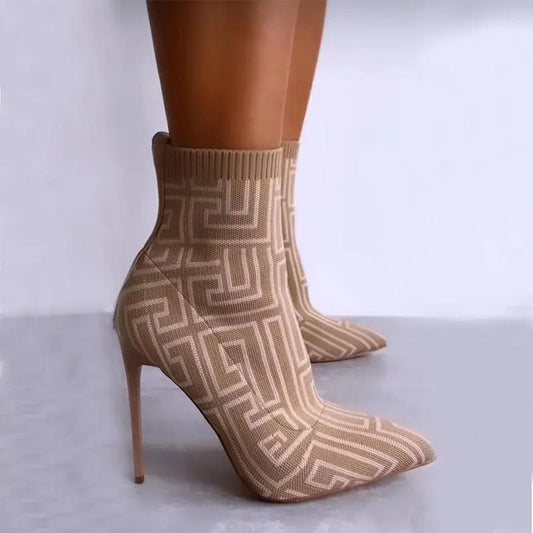 Maze Print Knitted High Heel Boots Women - Little Addiction