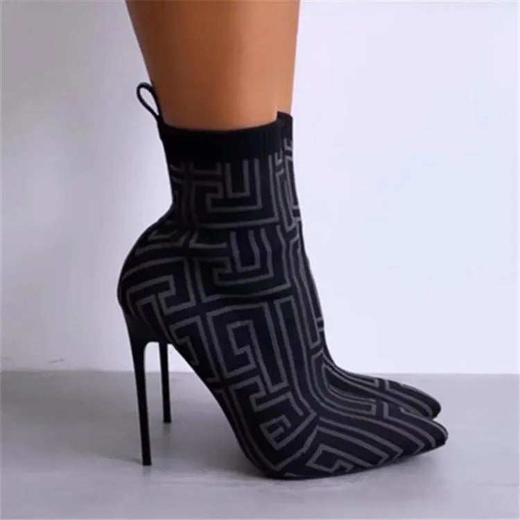 Maze Print Knitted High Heel Boots Women - Little Addiction