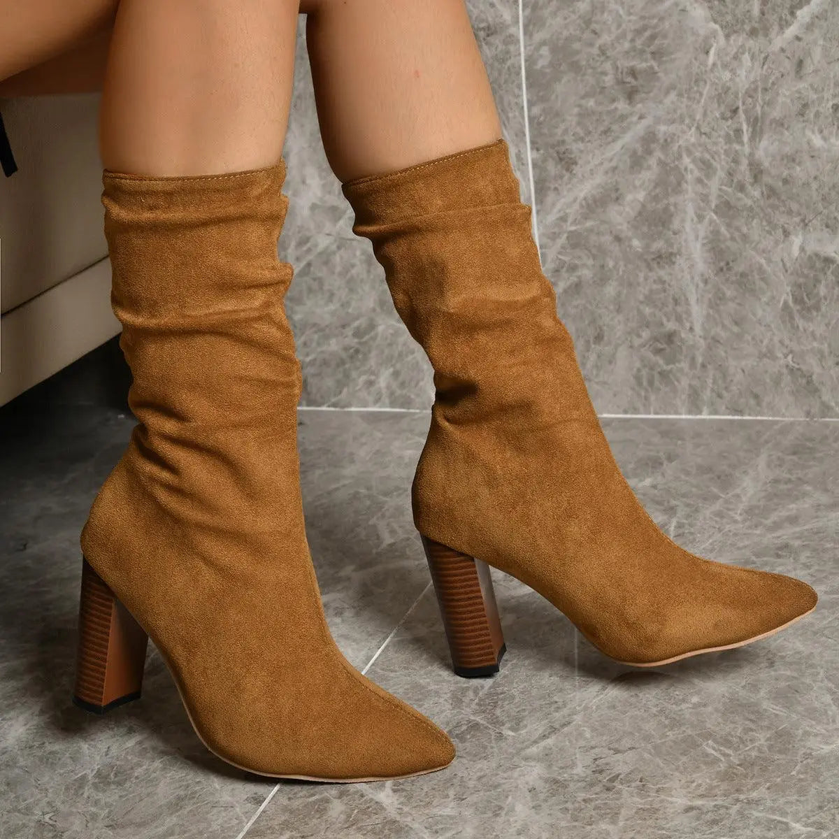 Pointed Toe High Block Suede Heel Boots - Little Addiction