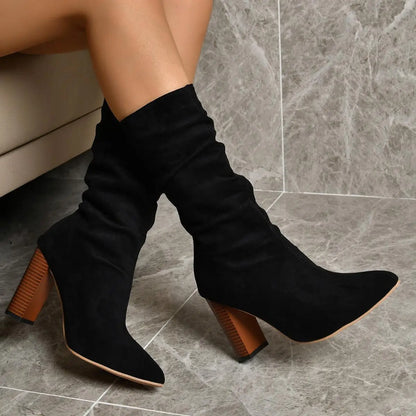 Pointed Toe High Block Suede Heel Boots - Little Addiction