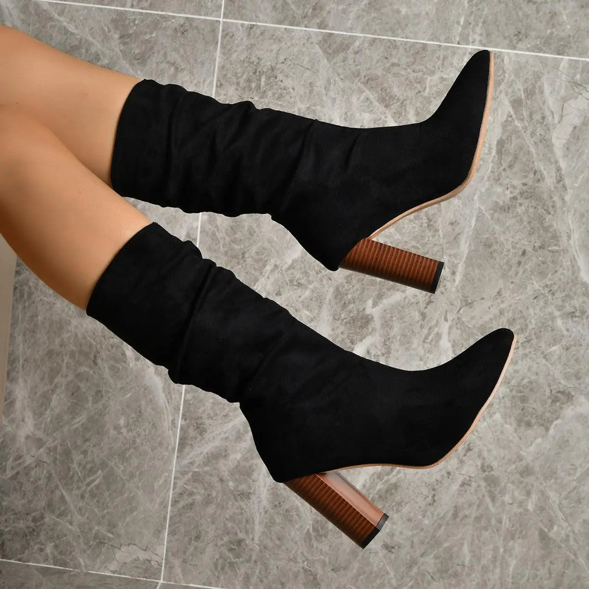 Pointed Toe High Block Suede Heel Boots - Little Addiction