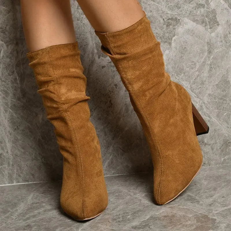 Pointed Toe High Block Suede Heel Boots - Little Addiction