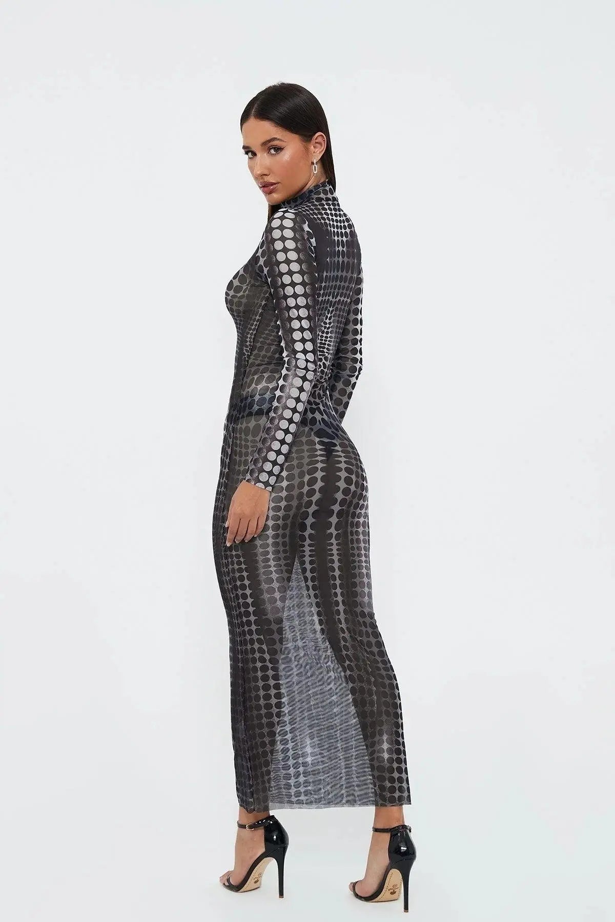 See-through Mesh Printed High -waist Slim Long Dress - Little Addiction