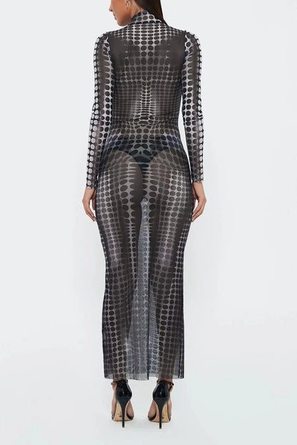 See-through Mesh Printed High -waist Slim Long Dress - Little Addiction