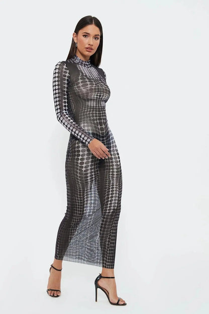 See-through Mesh Printed High -waist Slim Long Dress - Little Addiction