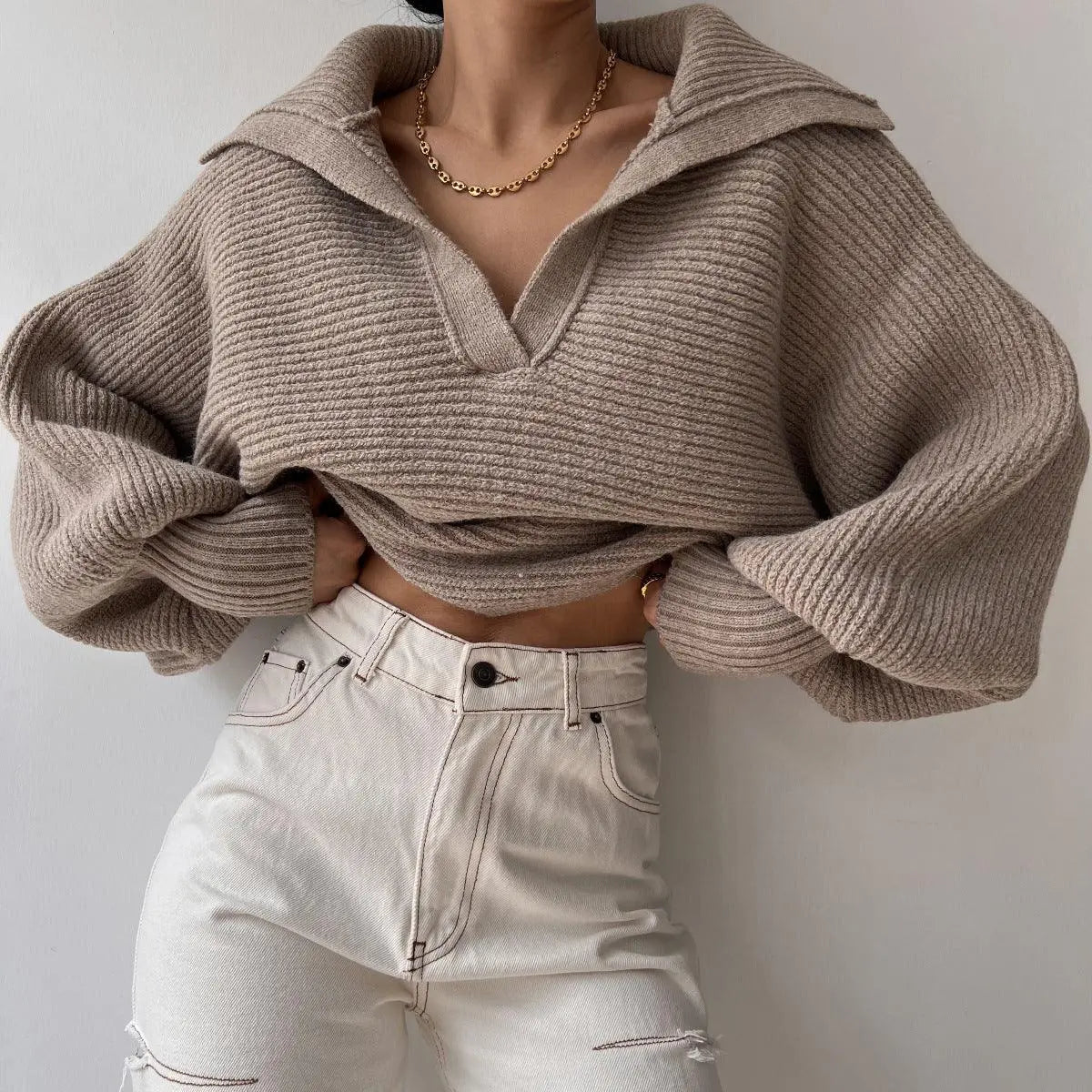 Spring And Autumn New Knitted Sweater Sweater Lapel Pullover Women's Top - Little Addiction